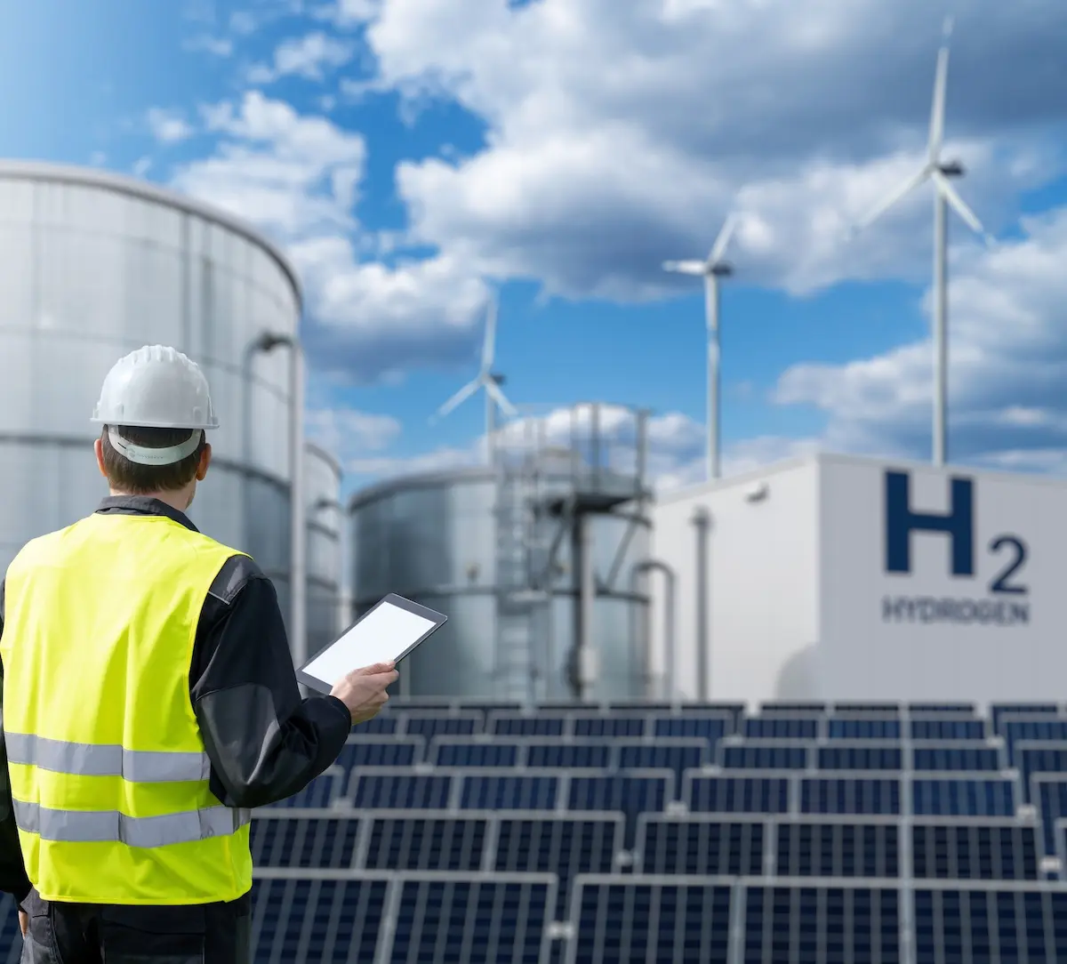 Engineer,With,Tablet,Computer,On,A,Background,Of,Green,Hydrogen